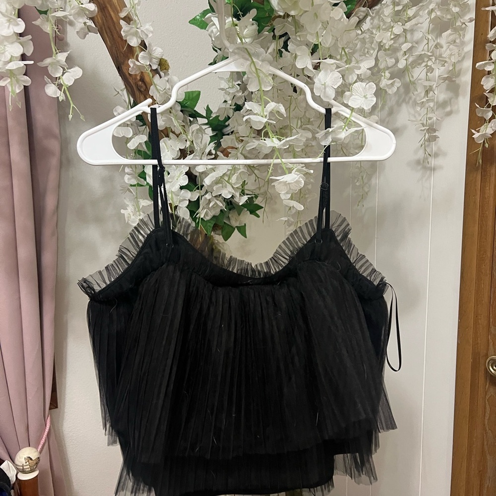 Anthropologie Black Layered Pleated Tulle Tank Top - Picture 8 of 9